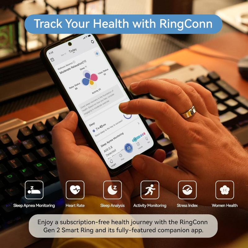 RingConn Gen 2, World’s First Smart Ring with Sleep Apnea Monitoring, No APP Subscription, 12-Day Battery Life, Stress/Heart Rate/Women's Health Tracker, Android & iOS Compatible (Black, Size 10)